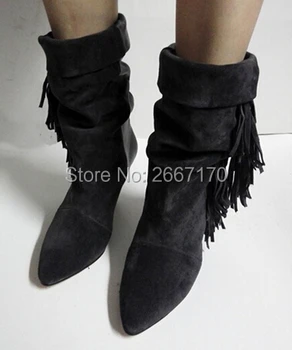 

Women Spike Heel Ankle Boots Tassel Fringed Embellished Suede Boots Pointed Toe High Heel Botas Women Shoes Winter