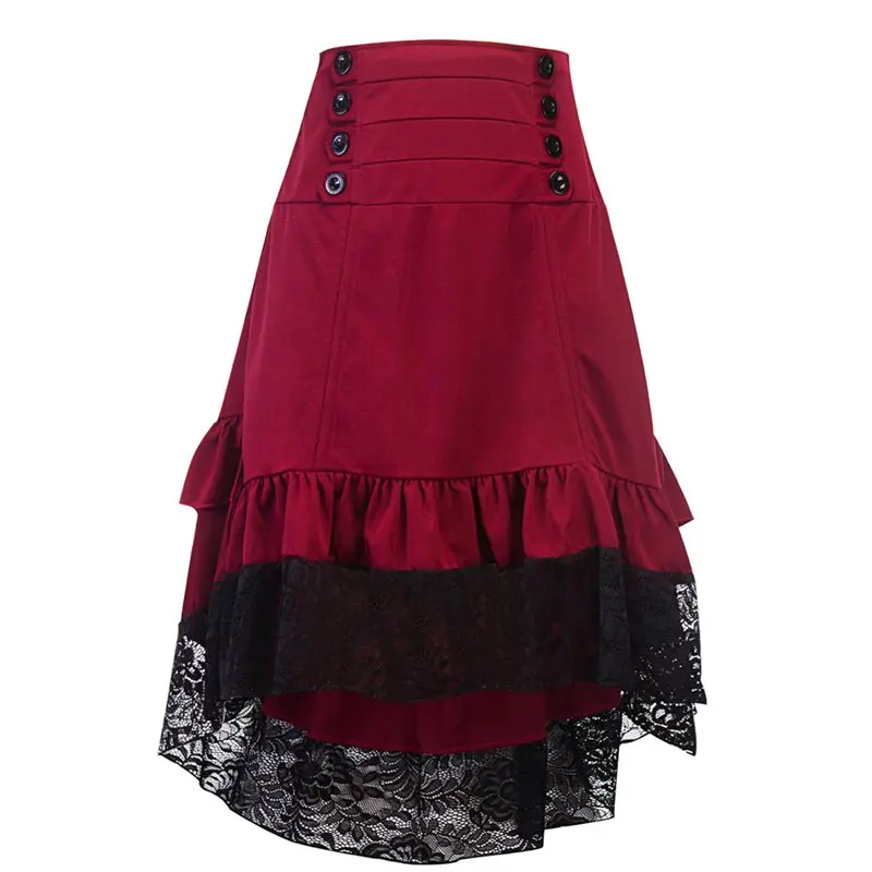 Пикантная юбка с кружевом, женская элегантная Асимметричная модная юбка с оборками и высокой талией, винтажная синяя Демисезонная женская черная Повседневная миди юбка - Цвет: Бургундия