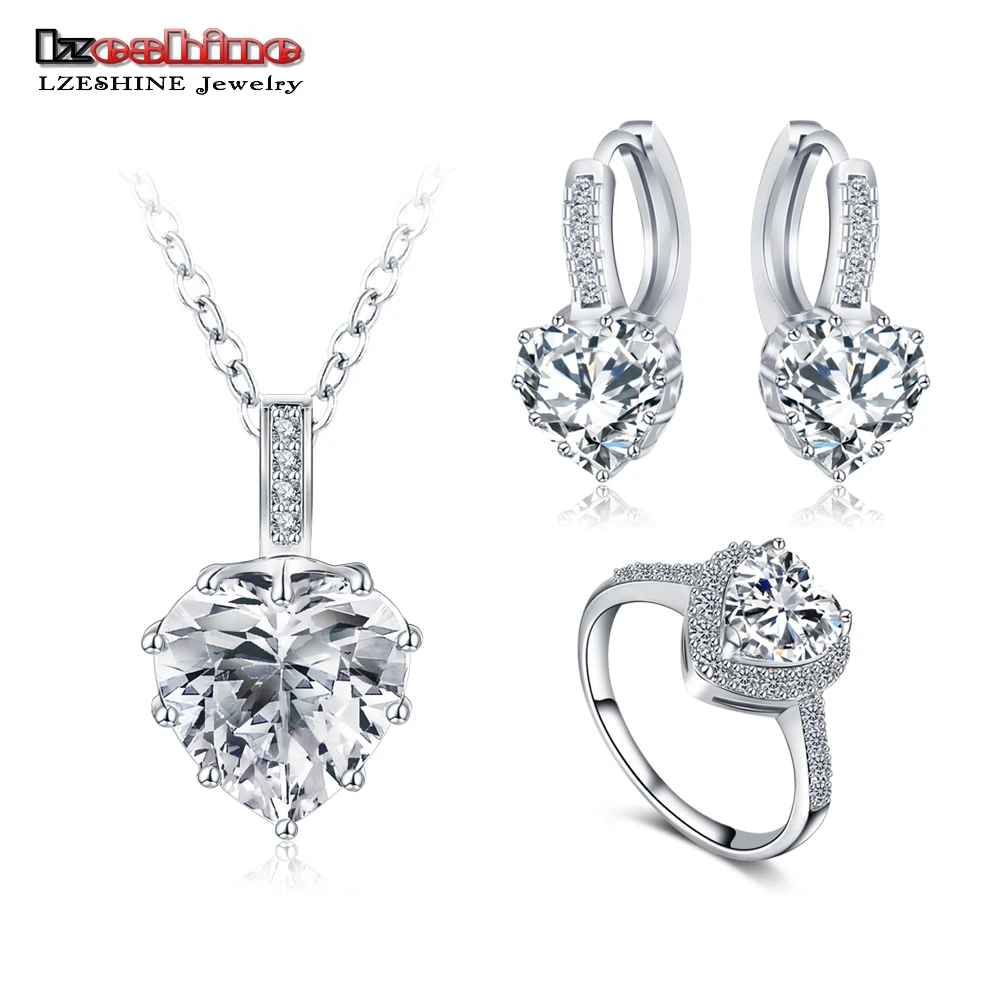 LZESHINE New Fine 2016 Women Romantic Heart Shape AAA Zircon Wedding Jewelry Earring/Necklace/Ring Bridal Jewelry Set CST0033