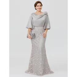 2019 Mother of the Bride Groom Dresses Mermaid Silver Gray Lace Satin Top Cowl Neckline Half Sleeves Formal Wedding Guest Gown 2019 Mother of the Bride Groom Dresses Mermaid Silver Gray Lace Satin Top Cowl Neckline Half Sleeves Formal Wedding Guest Gown