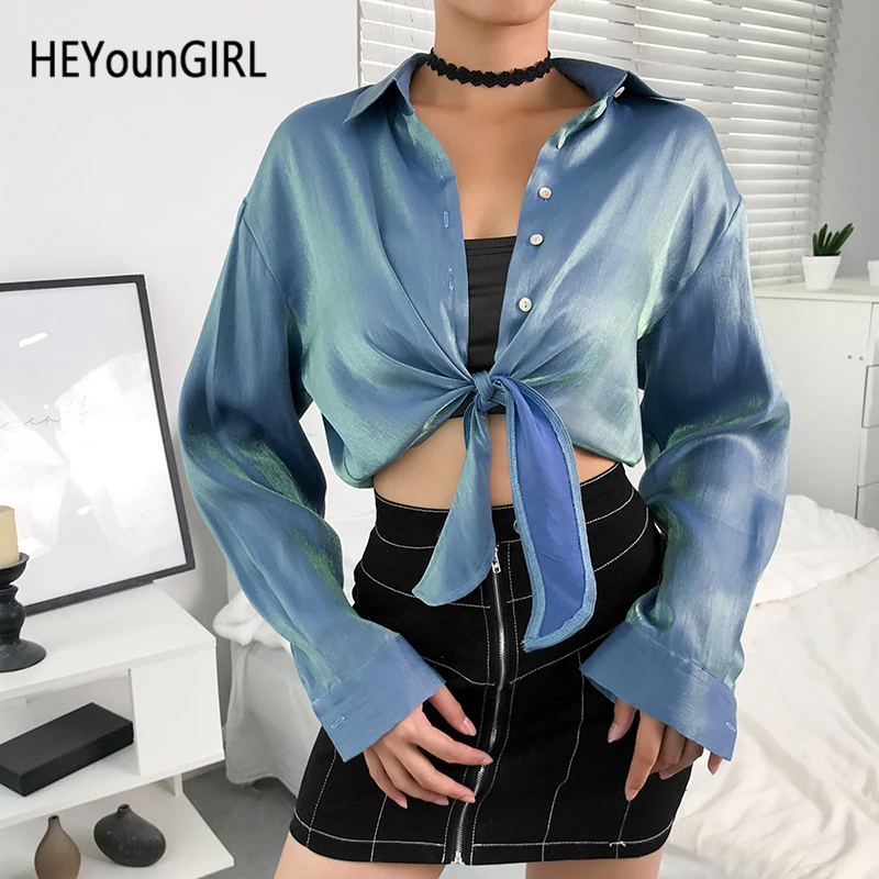 

HEYounGIRL Glitter Satin Long Sleeve Tee Shirt Women Harajuku Elegant Ladies T Shirt High Street Cropped T-shirt Woman Autumn