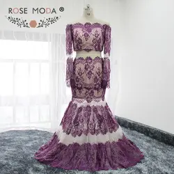 Роза Moda высокое качество Двойка одежда с длинным рукавом Кружево платье для выпускного вечера See Through юбка фиолетовый над обнаженной