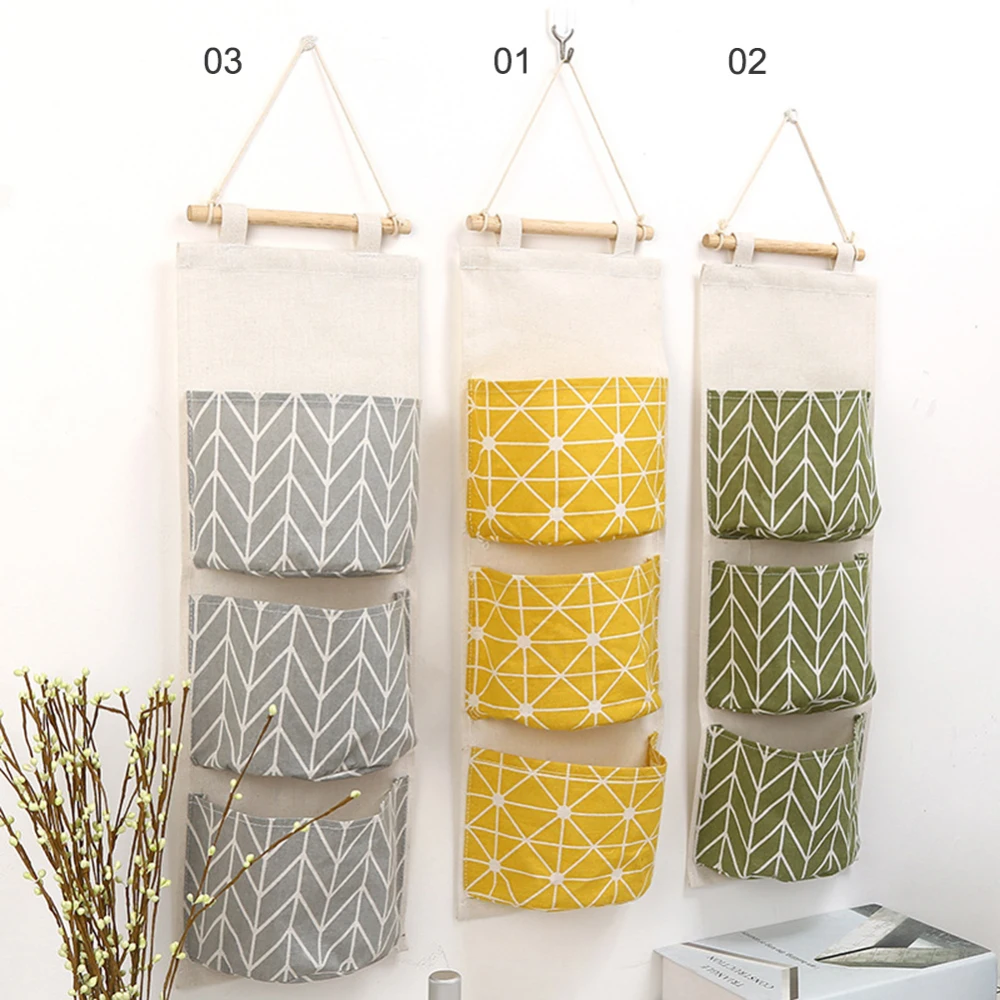 

Waterproof Hanging Storage Bag Cotton Wall Mounted 3 Bags Nursery Storage Bag Multifunctional Pockets Closet Organizer