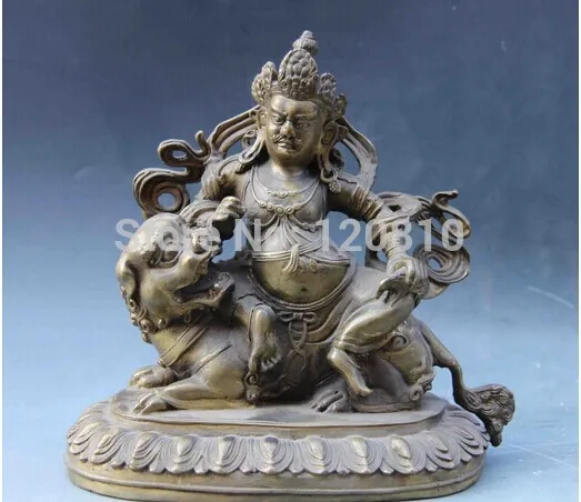 

7 Tibet Buddhism Brass Copper Ride Lion Vaishravana God of wealth Buddha Statue