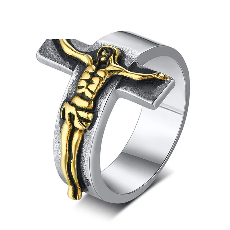 

Stainless Steel Men Rings Silver Gold Religion Christian Jesus Cross Simple For Male Boyfriend Jewelry Creativity Gift Wholesale