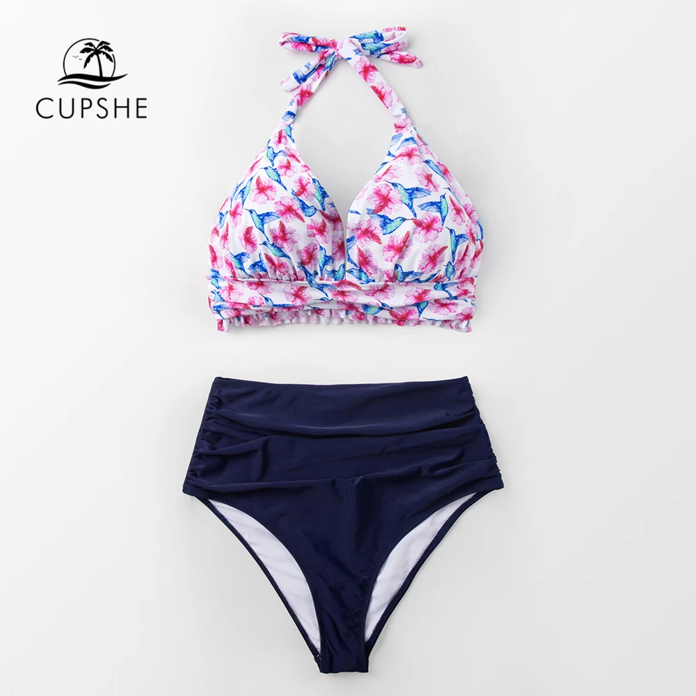 Billige CUPSHE Tropical Hohe Taille Halfter Bikini Sets Frauen Sexy Zwei Stück Badeanzüge 2020 Mädchen Strand Badeanzüge Bademode