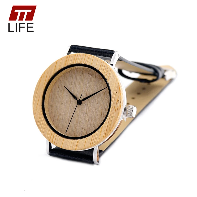 

TTLIFE Minimalist Mens Quartz Simple Woodenwatches with Bamboo Bezel Stainless Steel Back Case Black Genuine Leather Band A07
