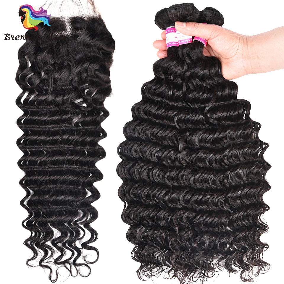 

Hot Sell deep wave hair bundles with lace closure 100% Indian Human Remy Deep Wave hair extension natural black color for women