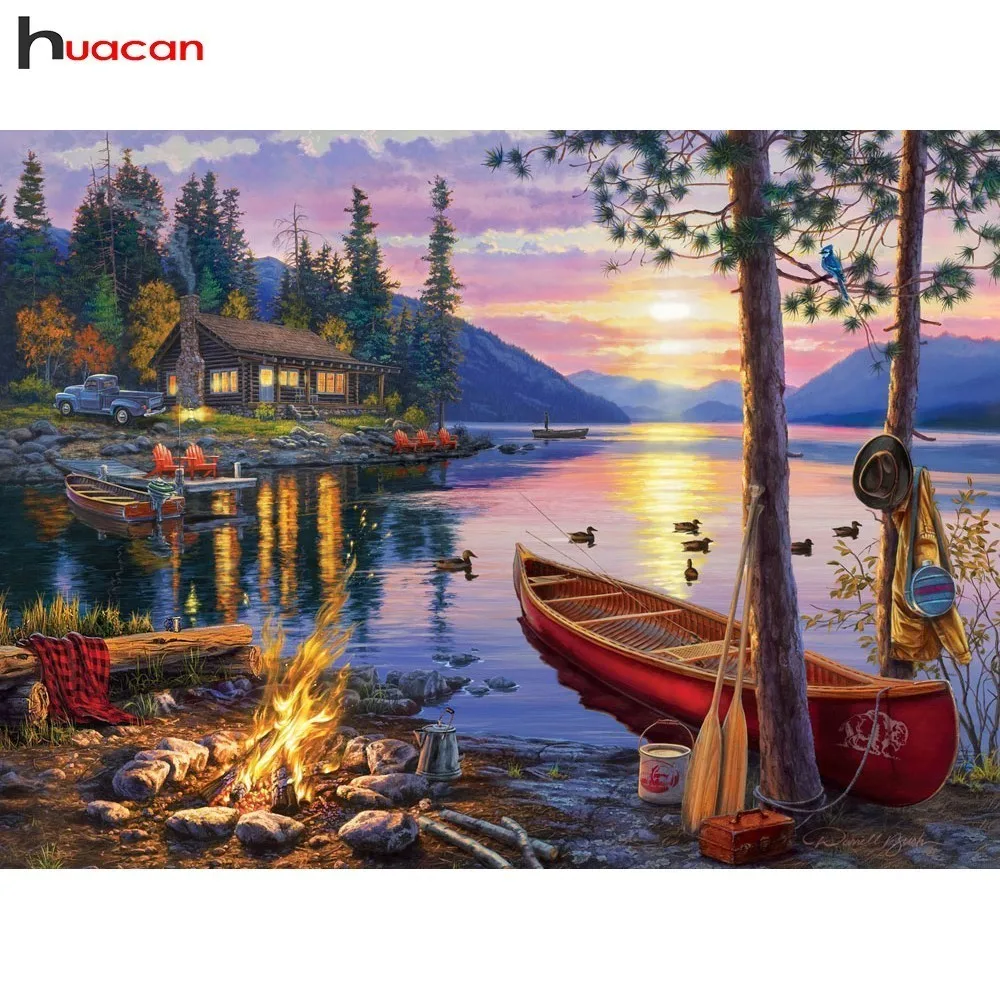 

HUACAN DIY Diamond Painting Cross Stitch Landscape Diamond Embroidery Sunset Pasted Mosaic Boat Patterns Decoration Home