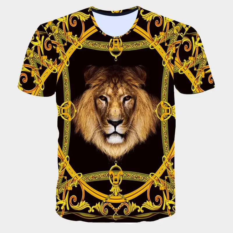 Новинка, Мужская футболка с 3D изображением Льва, готические футболки с принтом животных и золотой цепочкой, унисекс, хипстер, хип-хоп, панк-рок, тонкие летние топы, футболки