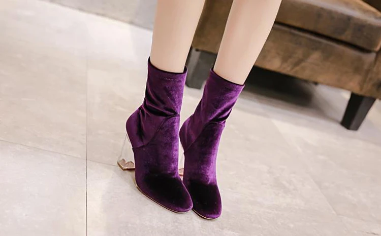 LALA IKAI Transparent Crystal Heel Short Boots Women Velvet High Heel Ankle Boot Fashion Women's Winter Boots (17)