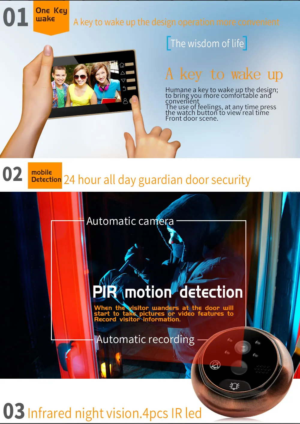 

Intelligent 4.3" Video Peephole PIR Motion Detection Audio Doorbell wireless Video-Eye Viewer HD IR Night Vision Door Camera