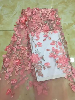 

2019 Latest French net lace fabric 3D Flower African tulle mesh lace fabric with beaded high quality african lace fabric Pink