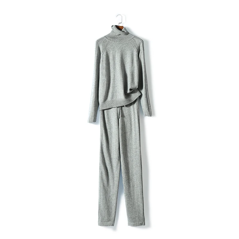 

2018 Limited Wool Winter New Cashmere Suit Woman High Collar Letter Knit Sweater Casual Feet Pants 2 Piece Fashion Two-piece