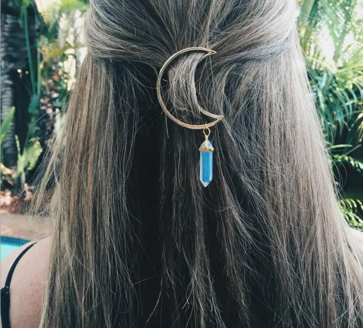 

2017 New Vintage Alloy Gold Color Moon Shape Hairpin With Natural Stone Pendant For Women Clamp Pin Barrette Hair Accessories