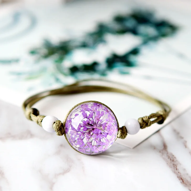 

FANLUS Bracelet of real dried flowers of gypsophila Jewelry boho vintage botanical -hand hemisphere