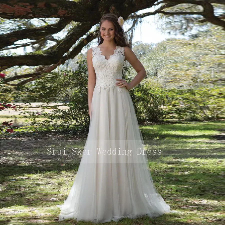Abito lungo da sposa in pizzo con scollo a v e scollo a v bianco/avorio  Illusion Back Tulle abiti da sposa abito lungo|Wedding Dresses| - AliExpress