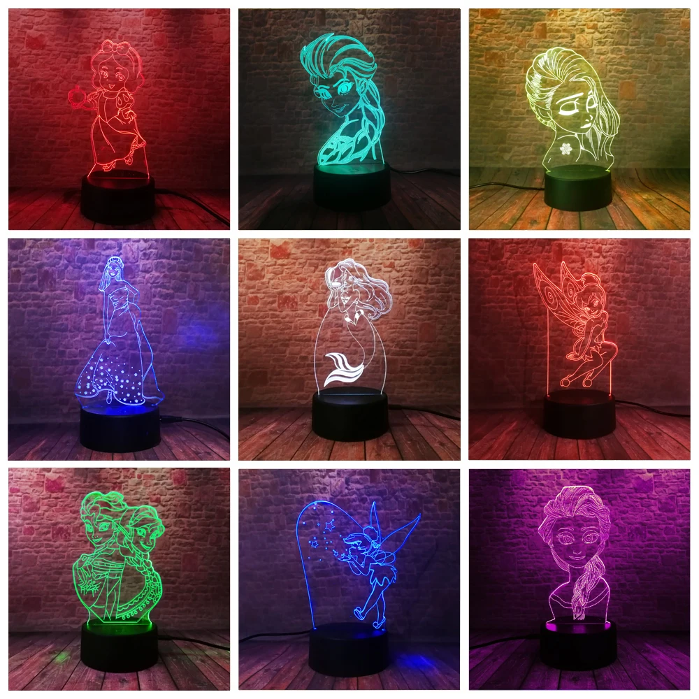 

Girlfriend Valentine's Day Gift Princess Queen Elsa Anna Rare Peter Pan Fairy Tinker Bell Snowflake 7 Color Night Decor Toy Lamp