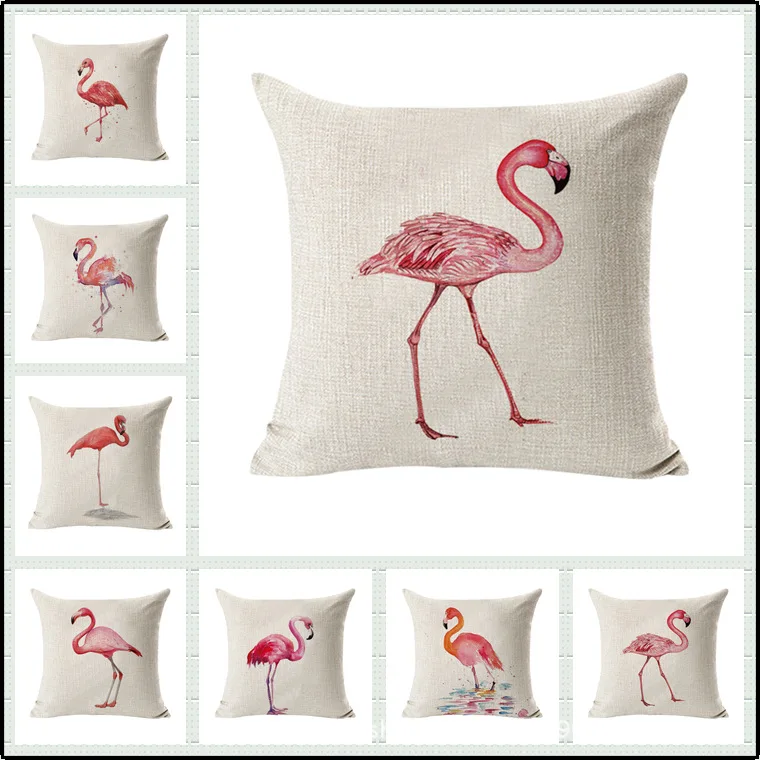 

Simple Style Flamingo Cushion Covers Bird Flamingo Toucan Parrot Hibiscus Flowers Cushion Cover Beige Linen Pillow Case
