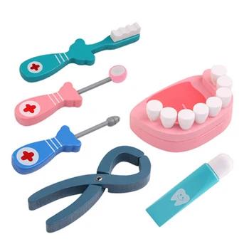 

6Pcs Wooden Dentist Playset Role Play Kit Kids Pretend & Play Emulational Dental Tool Set Toy Doctor Toys for Girls Children New