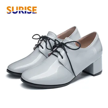 

Big Size High Block Heel Women Pumps Grey Patent Leather Round Toe British Derbies Casual Lady Lace-up Brogues Retro Dress Shoes
