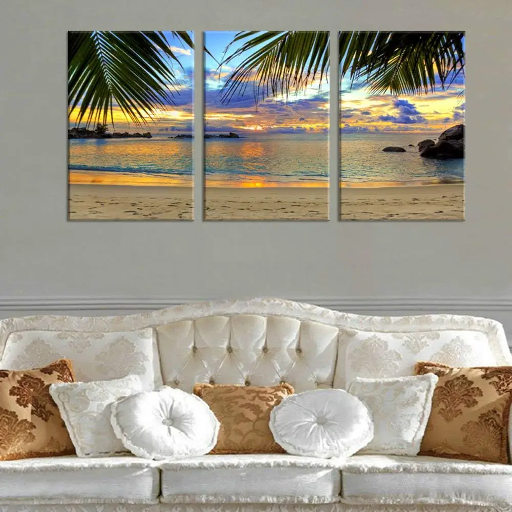 Tropic Beach Sunset with Palm Tree Leaves Landscape Picture Living Room Wall Decor Coast Sunset Painting Canvas Prints Wholesale