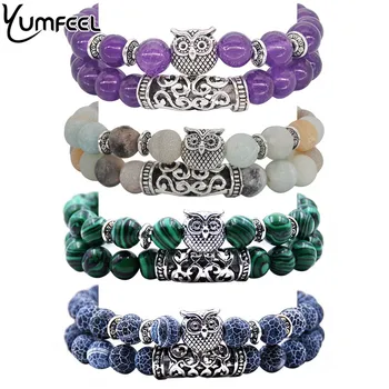Yumfeel New Handmade Tibetan Silver Owl Bracelet Set Natural Stones Crystals Bracelet & Bangle Set Women Men 2pcs/Set Jewelry