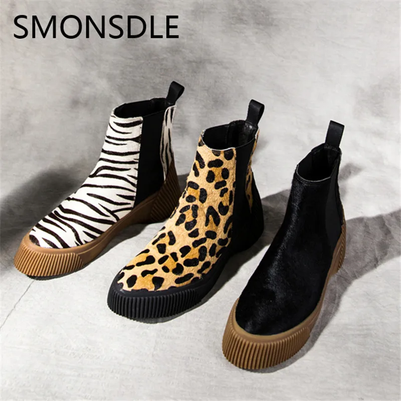 

SMONSDLE New Black Inside real Leather Women Ankle Boots Round Toe Slip On Thick Women Autumn Winter Platform Boots Shoes Woman