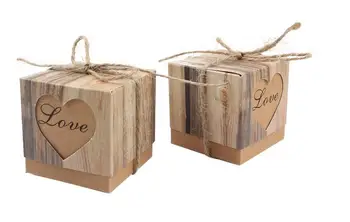 

100Pcs Wedding Bonbonniere Heart in Love Rustic Kraft Bark Candy Boxes with Burlap Chic Vintage Twine Wedding Favor Gift Box