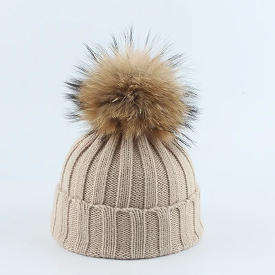 beige hat Детский реальный меховой помпон Вязание шапочки шапки шарфы комплект костюм мальчики мальчики шапки шарф зима теплая - Цвет: beige hat