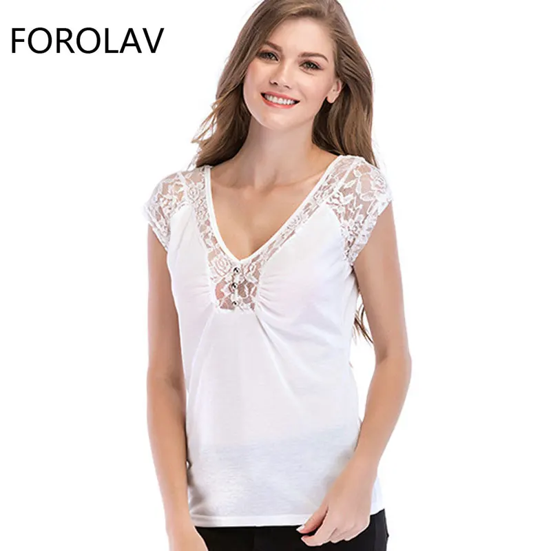 2018 Summer Women Shirt Short Sleeve V Neck Tops Blouse Solid Color Lace Spiiced Womens New Fashion Clothing 3 |