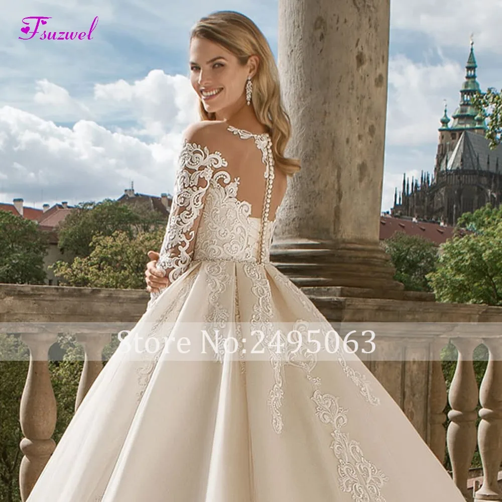 Fsuzwel Vestido de Noiva с круглым декольте, расшитое кристаллами пояса Винтаж свадебное платье 2019 изящные длинные рукав с накладной аппликацией