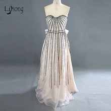 100% de Imagen Real Vestido De Noche de Lujo con Cuentas Brillantes A-line Volver Nudo Del Arco de Organza Marca Formal Del Vestido de Noche Para El Partido
