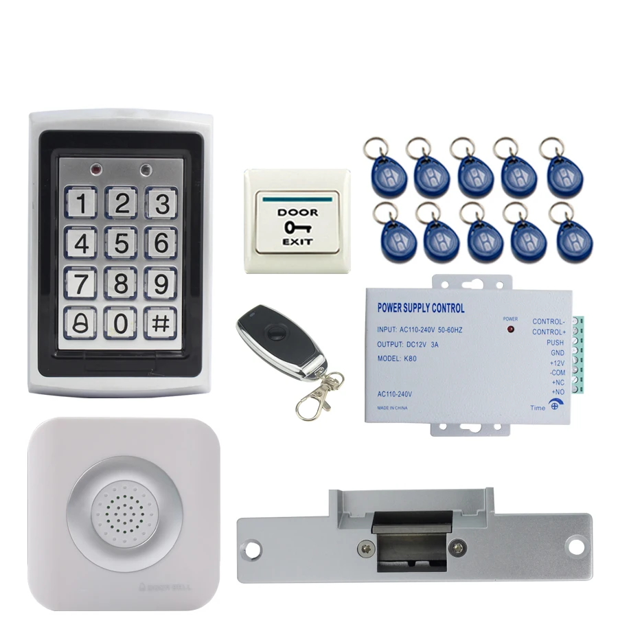 

JEX RFID Password Access Controller Metal Waterproof Backlight button Door control system kit + Doorbell+Electric Strike lock