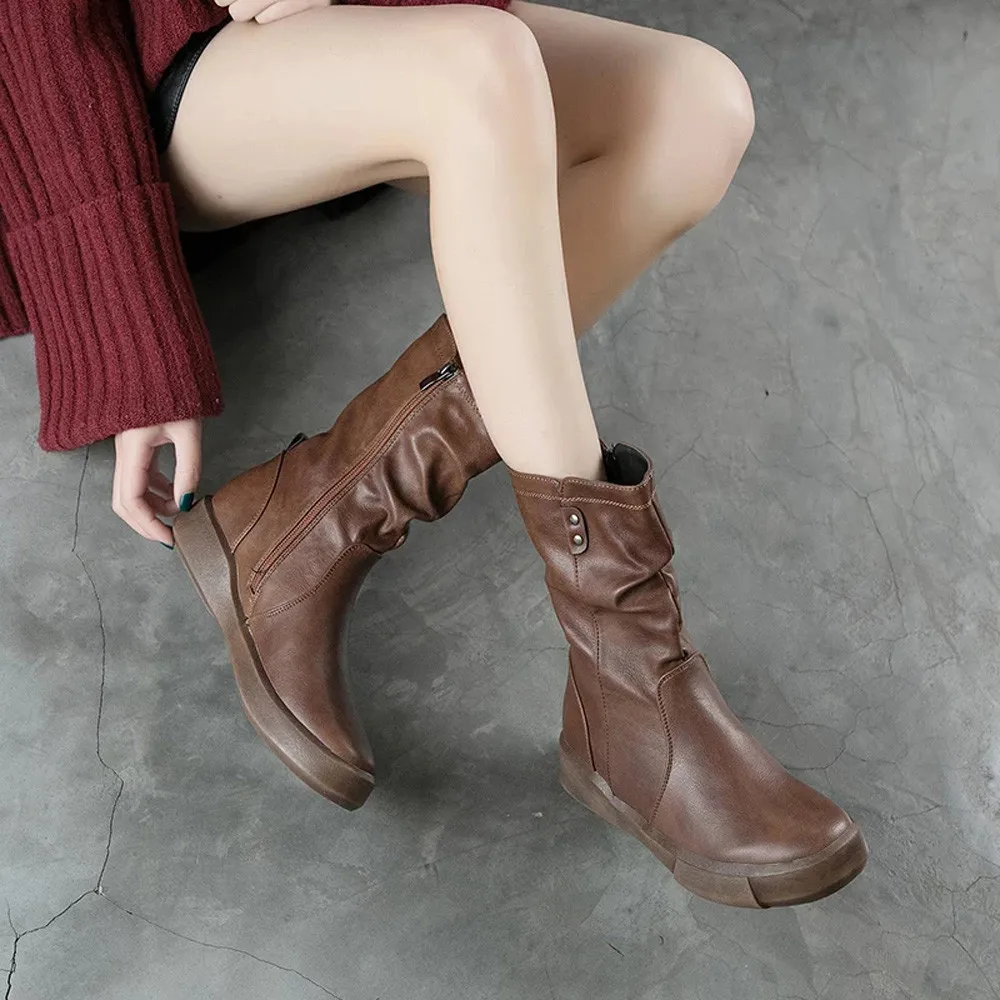 Женские кожаные ботинки на плоской подошве; ботинки-трубы средней длины на молнии; повседневная обувь; модные зимние теплые короткие плюшевые ботинки; chaussures