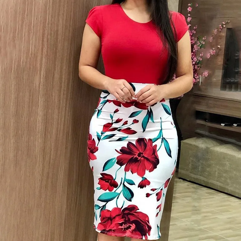 

Women Printing Short Sleeve Round Collar Bodycon Dress for Summer Business Office FS99