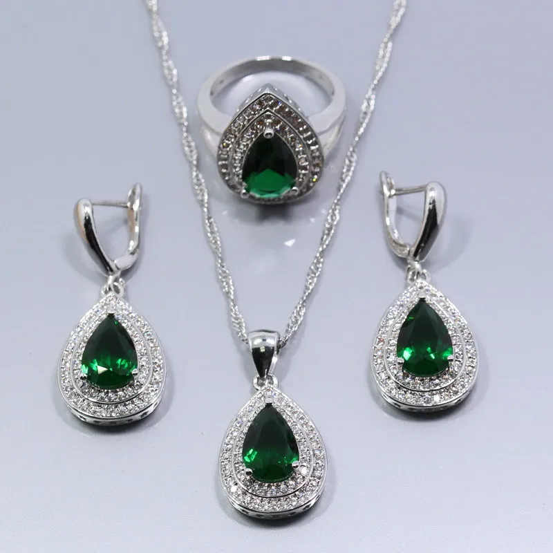Капли воды, зеленый циркон, белый циркон, ювелирные наборы, 925 серебряные серьги, кольцо, ожерелье, Подвеска для женщин, JS235