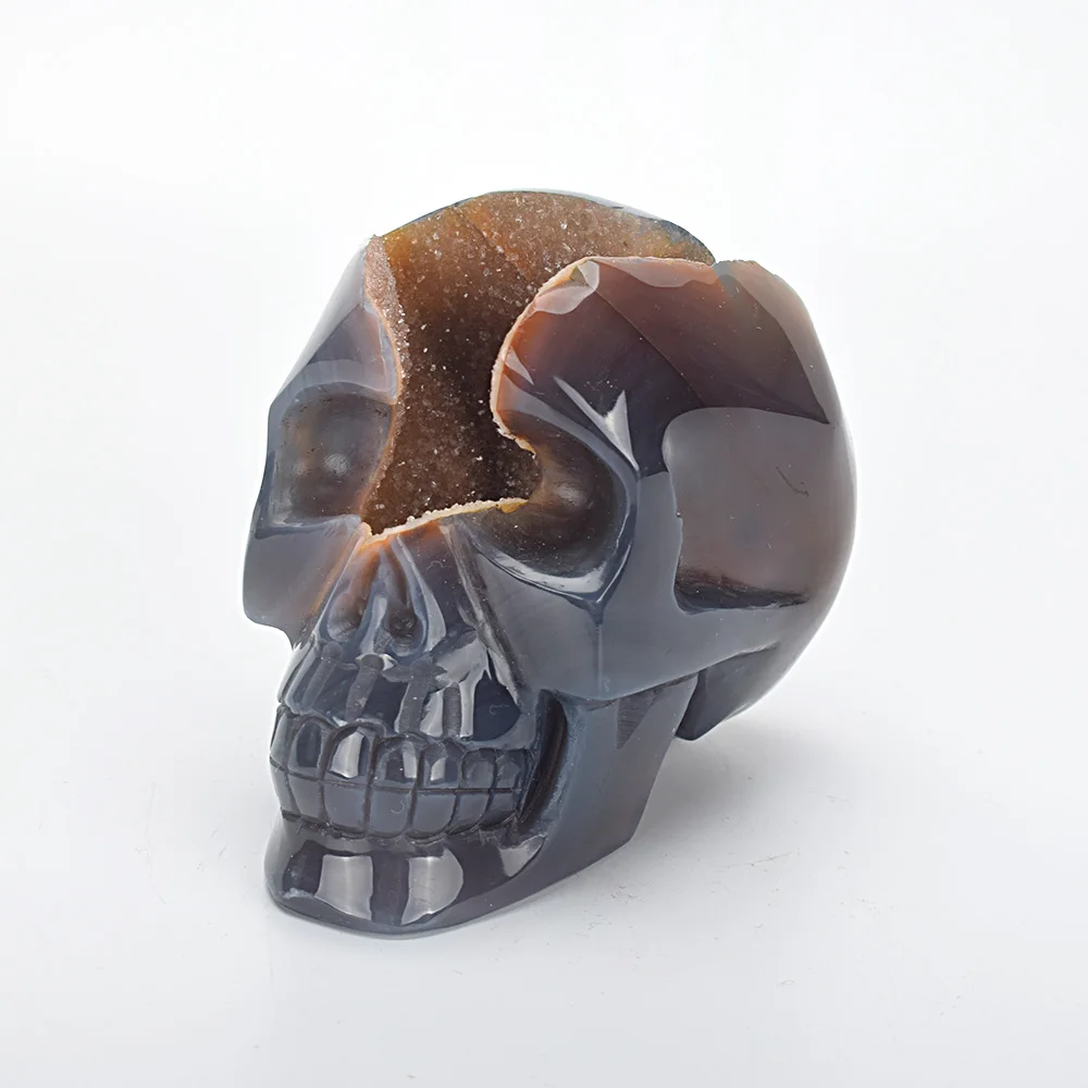 

4'' Realistic Crystal Skull Statue Hand Carved Natural Agate Geode Healing Crystal Skull Sculpture Home Decor Art Collection