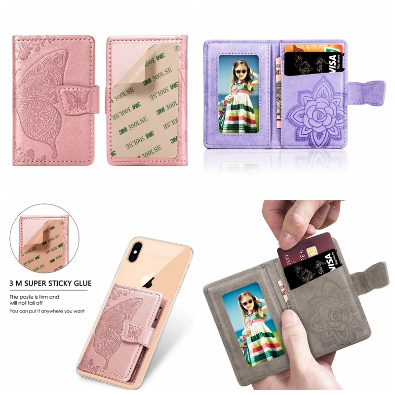 

Universal Back Phone Card Slot 3M Sticker Leather Stick On Wallet ID Credit Card Holder For iPhone XS XR Note 10 Butterfly 1pcs