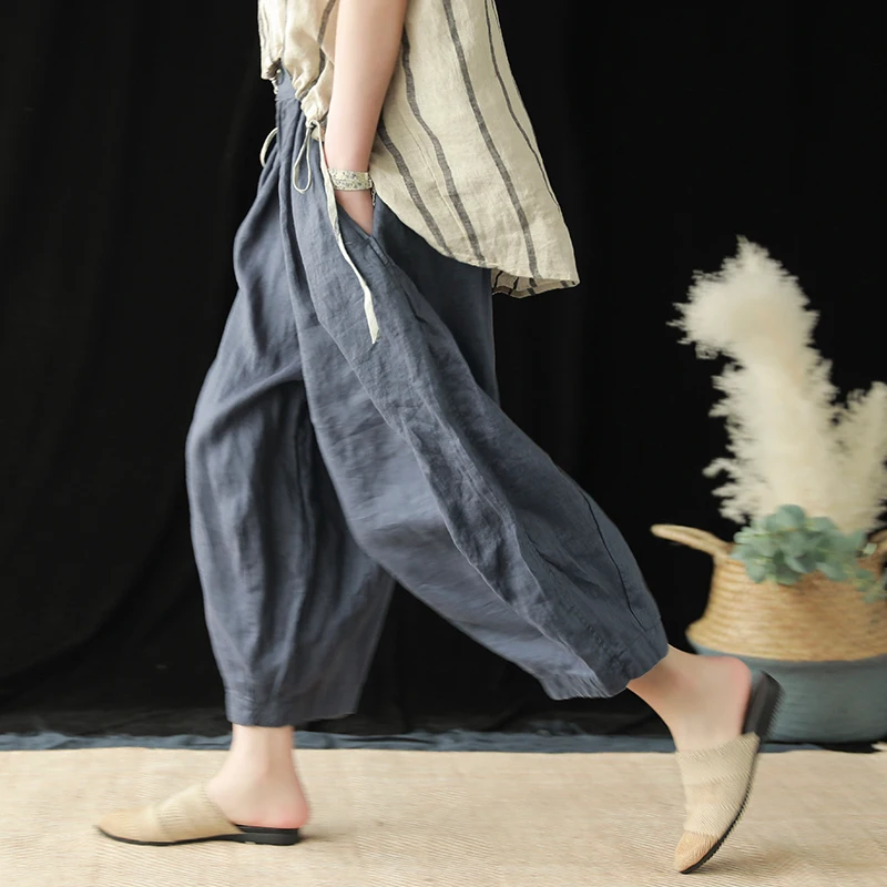 

Women Summer Linen Pants Loose Trousers Vintage Solid Color Elastic Waist Bottoms Ladies