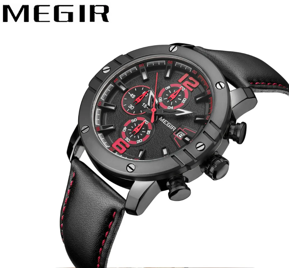 

MEGIR Cool Black Men Quartz Watches 2018 Soft Leather Strap Minute Second Small Chronograph Dial Top Brand Luxury Man Wristwatch