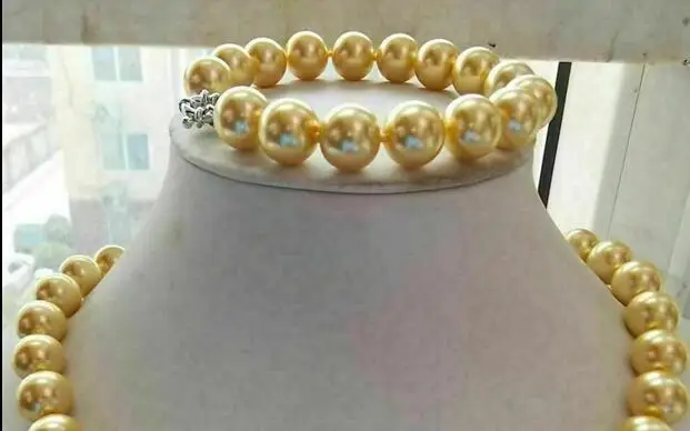 

Charming 14mm yellow Shell Pearl Round Beads Necklace 18" + Bracelet 8" Set