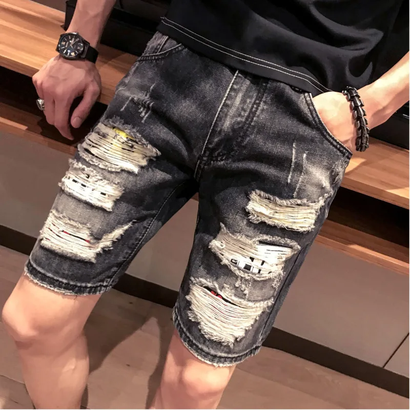 

Summer New Jeans Men's Slim Fashion Straight Casual Tear Hole Denim Five-leg Trousers Man Streetwear Wild Hip Hop Male Clothes