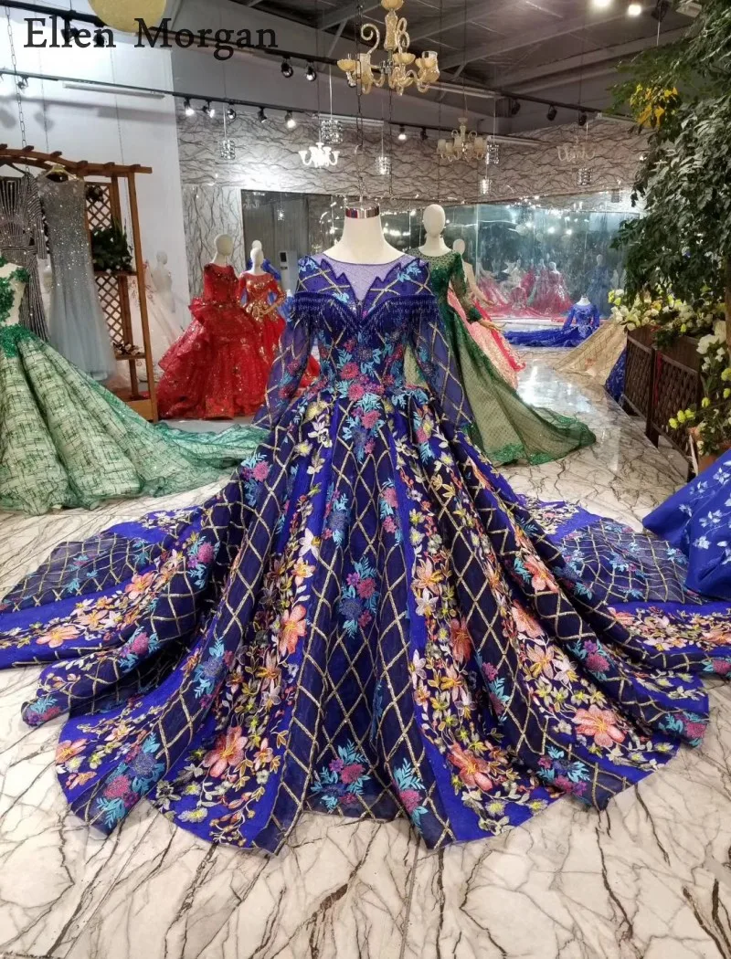 Saudi Arabian королевские синие свадебные платья с вырезом лодочкой реальные фотографии с длинными рукавами пышные кружевные Роскошные платья на свадьбы и вечеринки