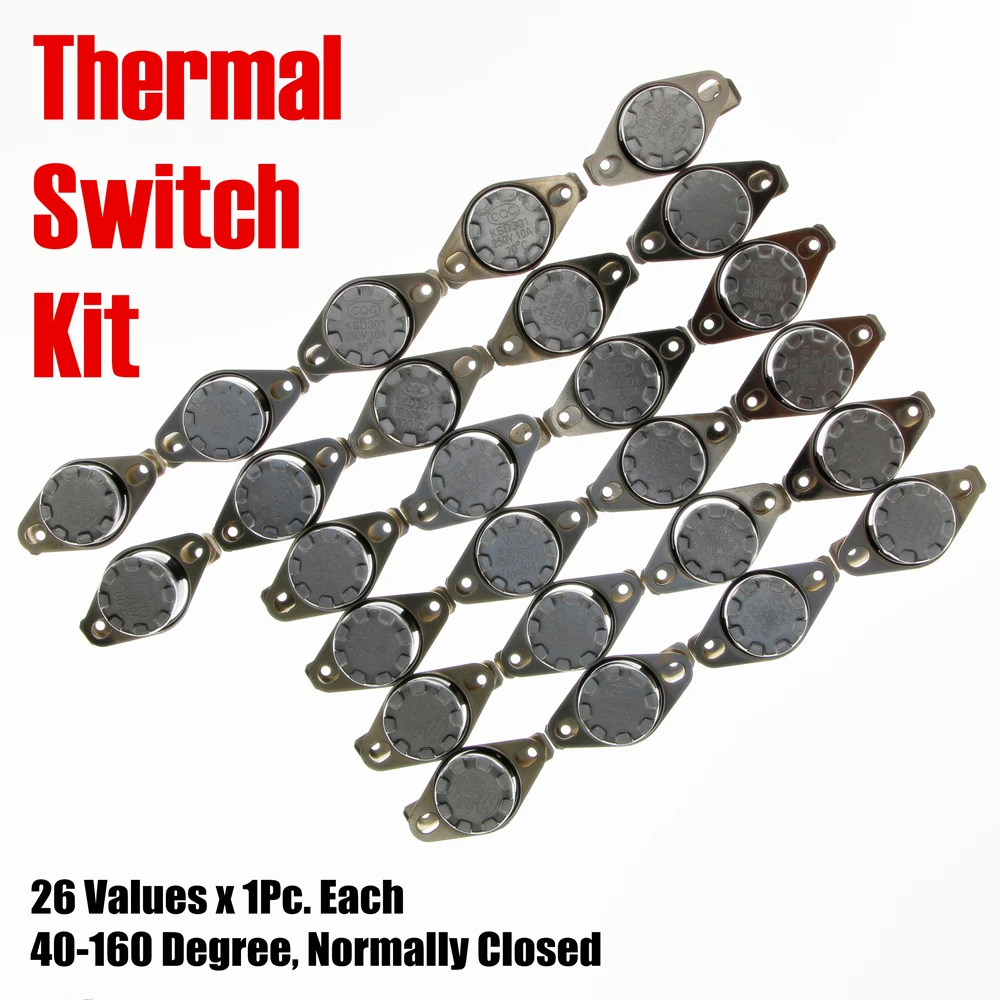 

PHISCALE Temperature Switch Kit 26Values x 1Pc 40-160 Degree Normally Closed KSD301 Metal Thermal Sensor 10A For Repair