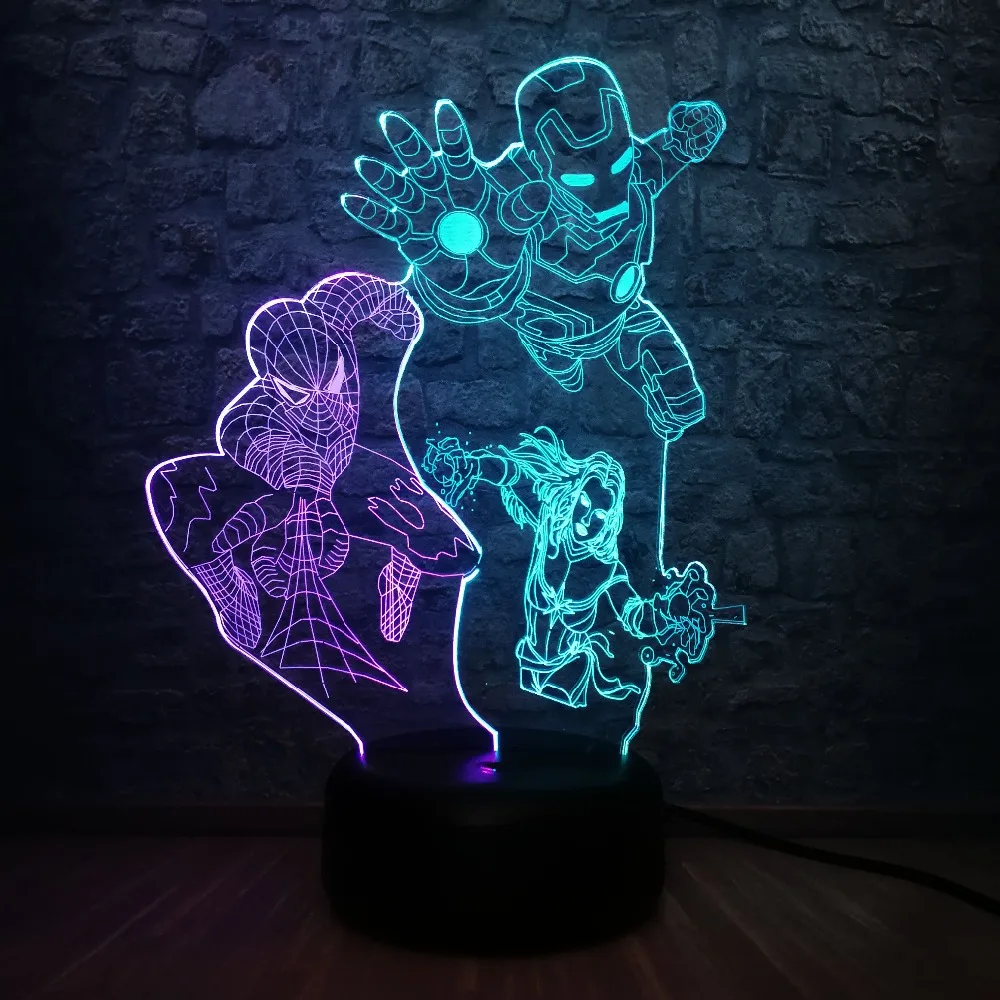 

Super Hero Captain Marvel Spiderman Iron Man 3D LED Night Light Touch Table Mixed Colors Lamp USB Room Decor Luminaria Kids Gift