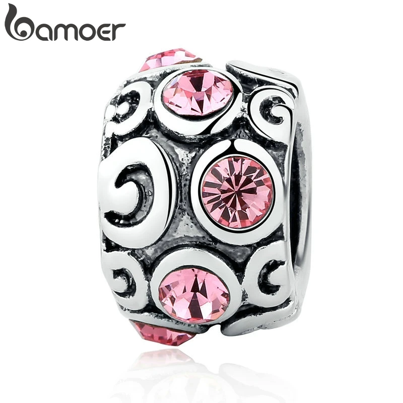 

BAMOER Silver Color Pink Crystal DIY Beads Charms Fit Bracelet & Necklace Original Jewelry Accessories PA5319