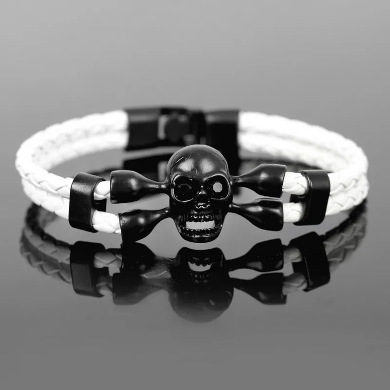 TYO Trendy Woven Rope Magnetic Braided Bone Steel Punk Metal Brand Fashion  Wholesale Genuine Leather Men Bracelet Skull