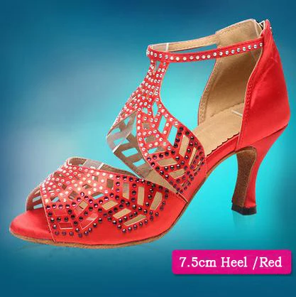 DILEECHI/женские атласные туфли для латинских танцев; Цвет черный, красный; Высококачественная кожа; обувь для сальсы; вечерние туфли для бальных танцев; Каблук 7,5 см - Цвет: red heel 75mm