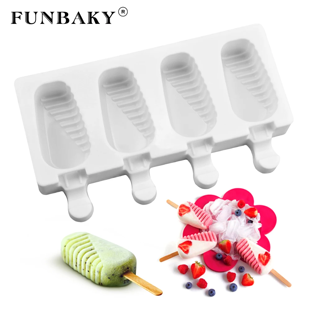 FUNBAKY 4 полости пищевого силикона Ледяной формы для крема детей дома с палочками